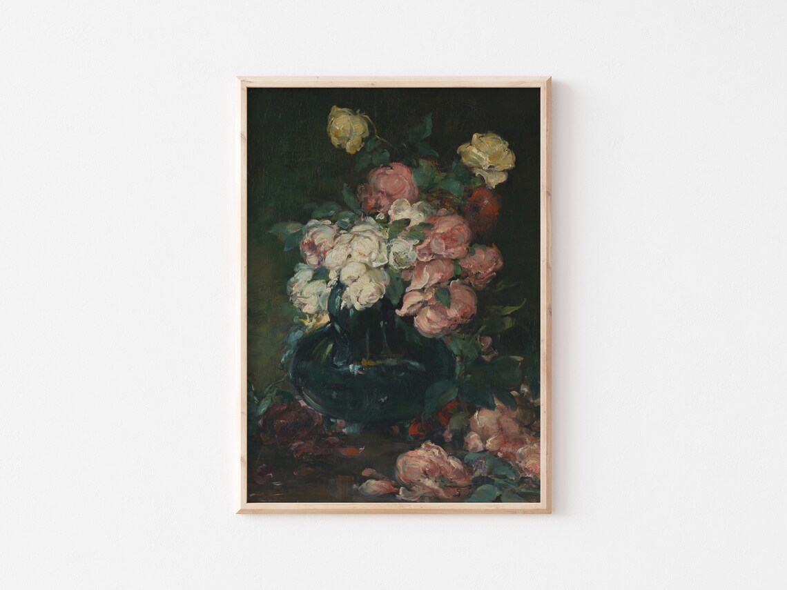 Printable Art | Vintage Moody Floral Still Life Oil Painting | Roses in ...