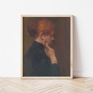 Printable Art | Vintage Portrait Painting of a Red-Haired Woman Thinking | Moody Colors | Greens & Browns | Fine Art Printable | #50