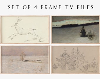 Samsung Frame TV Art File | Vintage Winter Art Set of 4 | Neutral Christmas Art | Muted Colors | Farmhouse Art | Beige & Gray | TV Image