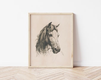 Printable Art | Vintage Horse Drawing Printable | Farmhouse Decor | Antique Horse Sketch | Beige & Gray | Rustic Decor | Fine Art | #107