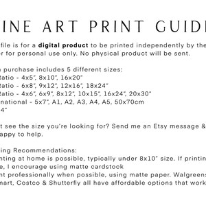 May include: A guide for printing digital art prints. It lists five different sizes available for purchase: 4x5, 8x10, 16x20, 6x8, 9x12, 12x16, 18x24, 4x6, 6x9, 8x12, 10x15, 16x24, 20x30, 5x7, A1, A2, A3, A4, A5, and 50x70cm. It also includes printing recommendations for printing at home and professionally.