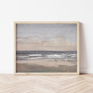 Printable Art | Vintage Neutral Ocean Landscape Painting | Antique Seascape with Sandy Beach | Blues & Grays | Fine Art Printable | #28