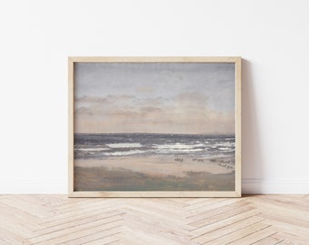 Printable Art | Vintage Neutral Ocean Landscape Painting | Antique Seascape with Sandy Beach | Blues & Grays | Fine Art Printable | #28