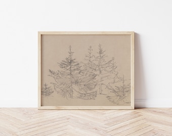 Printable Art | Vintage Pine Tree Sketch Printable | Neutral Christmas Art | Muted Colors | Farmhouse Art | Beige & Gray | #11