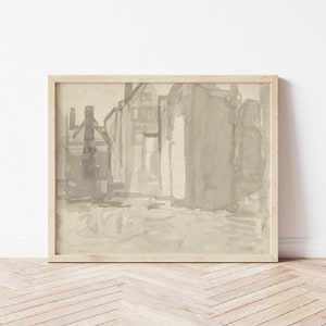 Printable Art | Vintage Abstract Neutral Cityscape Painting | Antique City Street | Gray & White | Fine Art Printable | #16