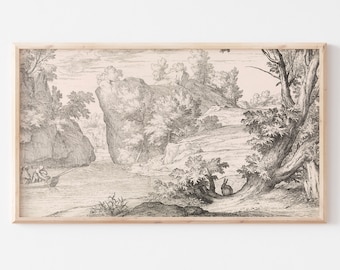 Samsung Frame TV Art | Vintage Bunny Rabbit Landscape Drawing | Neutral Easter Spring Art | Etching | Farmhouse Art | #151