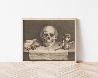 Printable Art | Vintage Skull Skeleton Etching | Muted Colors | Farmhouse Sketch | Black & White | Fine Art Printable | #196