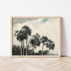 May include: A watercolour painting depicting a group of palm trees set against a cloudy sky. The trees are painted in shades of green and brown, and the sky is a soft blue with white clouds.
