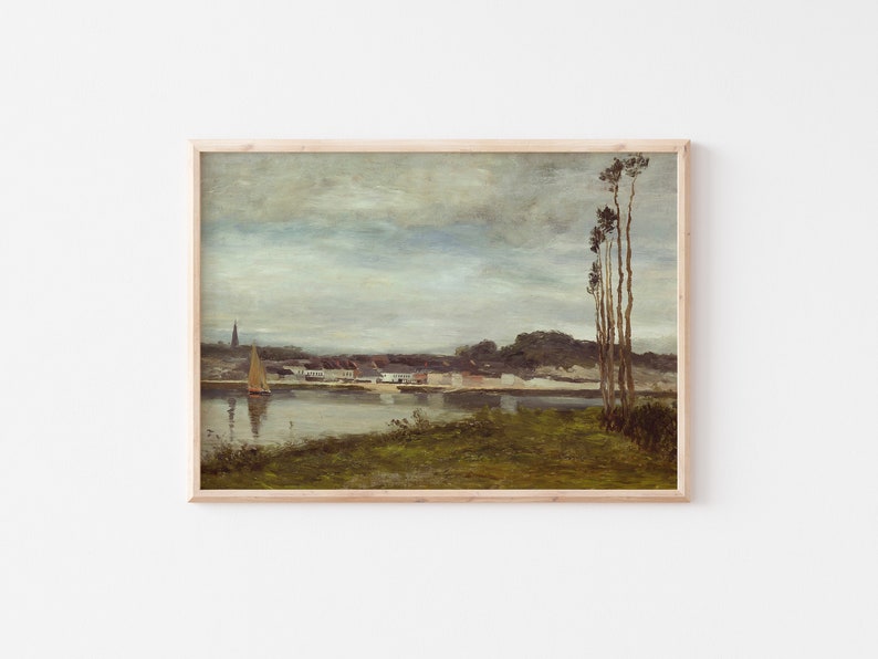 Printable Art Vintage French Landscape Painting River Seine Muted Colors Blues & Greens Palm Trees Oil Fine Art 3 image 6