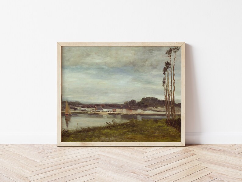 Printable Art Vintage French Landscape Painting River Seine Muted Colors Blues & Greens Palm Trees Oil Fine Art 3 image 1