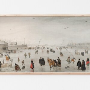 Samsung Frame TV Art / Vintage Ice Skating Painting / Winter Scene / Neutral Christmas Art / Farmhouse Art / White & Gray / #184