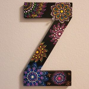 Wooden letter &quot;Z&quot;, 9 inches, hand painted in bright colors with mandala pattern.