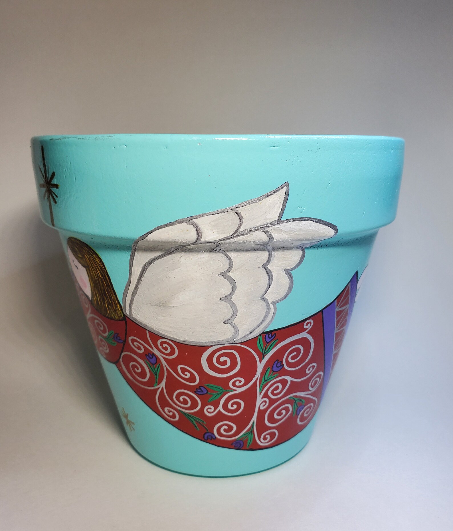 Terracotta Pot Decorated, Design Angel Painted Flower Pot Medium Flower Pot Flower Planter