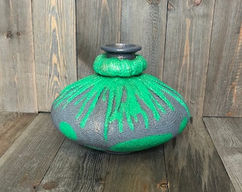 Burlap Glass Vase, Hand Painted, Gray and Green, Home Office Decor Art, Unique Gifts