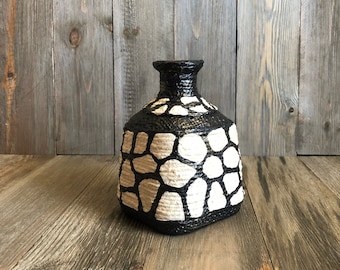 Burlap Jute Glass Vase, Hand Painted, Black and White, Home Decor Art, Unique Gifts