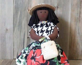 Floral Fabric Black Doll, Cloth Doll, Handmade, African American, Collectible, Unique Gifts