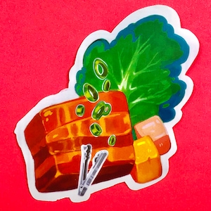 May include: A sticker featuring an illustration of a dish with braised pork belly, green onions, and lettuce. The pork belly is a golden brown color, and the lettuce is green. The sticker is on a red background.