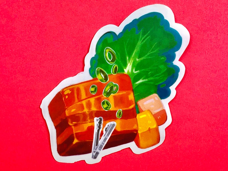 May include: A sticker featuring an illustration of a dish with braised pork belly, green onions, and lettuce. The pork belly is a golden brown color, and the lettuce is green. The sticker is on a red background.