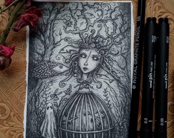 Caged in a Tender Realm - fine art print, ghost, pencil sketch art, witch aesthetic, Halloween art, spooky art , gothic art, surrealism