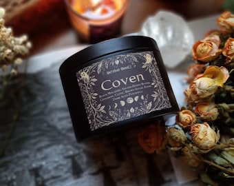 COVEN Fall Candle| Spooky Candles | Wood Wicks | Soy Candle | Autumn Candle | Black Molasses, Patchouli, Cinnamon, Salted Honey | Halloween