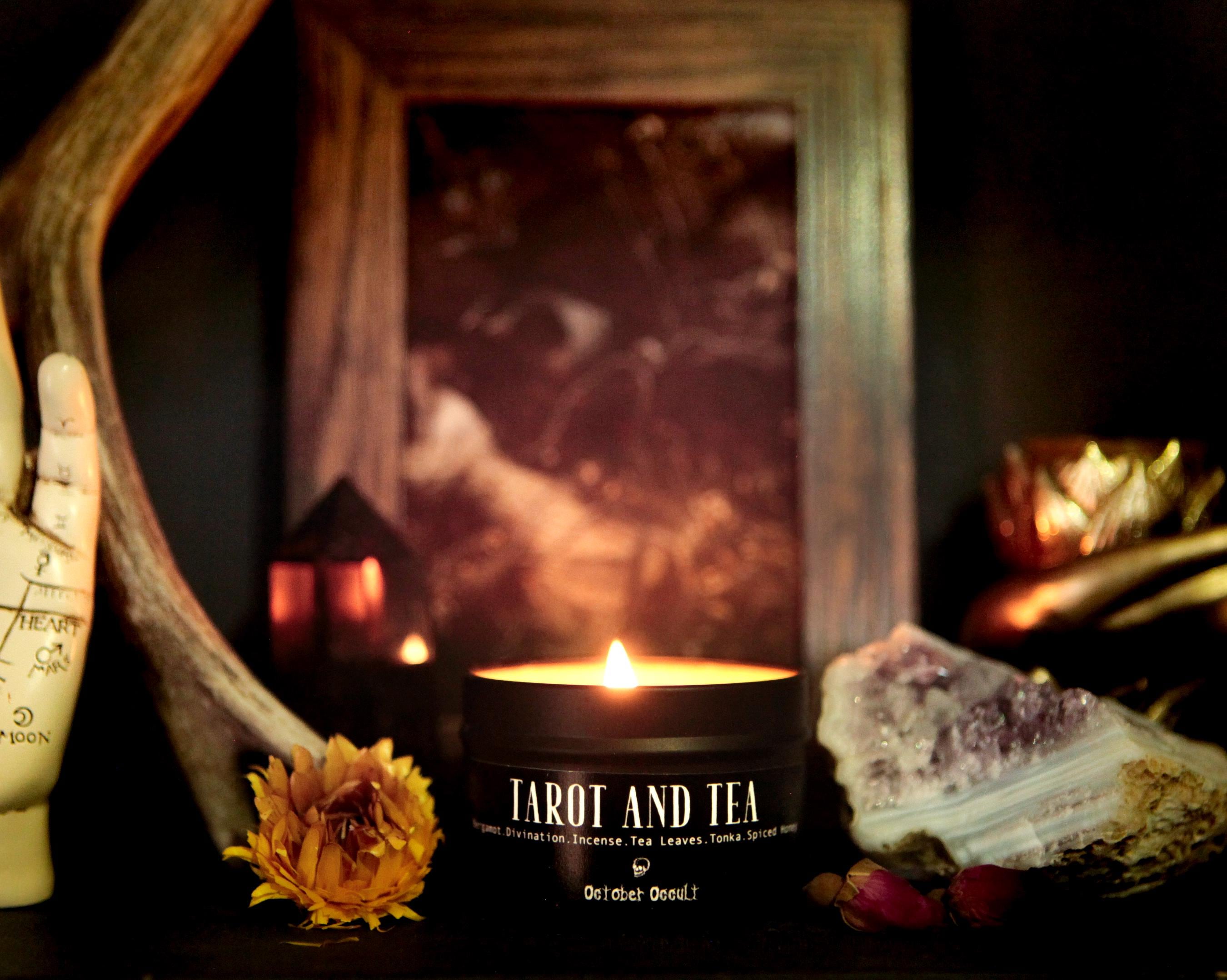 4 Oz. Tarot & Tea Candle | Fall Candle | Spooky Candles | Wood Wick | Soy Candle | Incense | Divination | Black Tea Leaves + Honey Candle