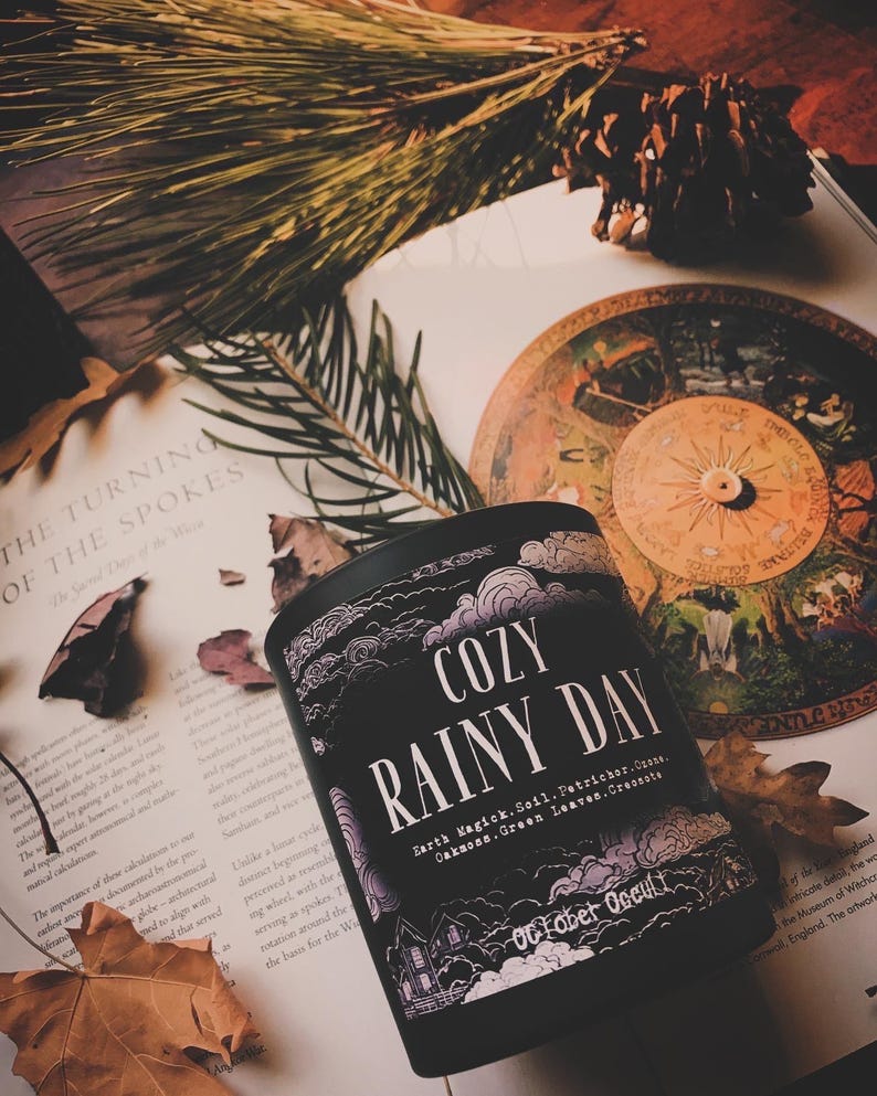 May include: A black candle with a white label that reads "Cozy Rainy Day" with a list of scents: Earth Magick, Soil, Petrichor, Ozone, Oakmoss, Green Leaves, Creosote. The candle is sitting on a book with a brown leather cover and a gold illustration of a compass.