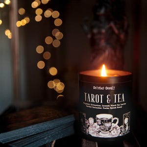Tarot & Tea Candle | Fall Candle | Spooky Candles | Wood Wick | Soy Candle | Bergamot Incense | Divination | Black Tea Leaves + Honey Candle