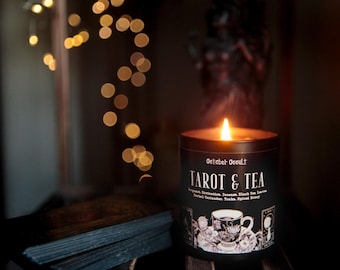 Tarot & Tea Candle | Fall Candle | Spooky Candles | Wood Wick | Soy Candle | Bergamot Incense | Divination | Black Tea Leaves + Honey Candle