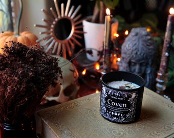 COVEN Fall Candle| Spooky Candles | Wood Wicks | Soy Candle | Autumn Candle | Black Molasses, Patchouli, Cinnamon, Salted Honey | Halloween