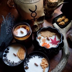 May include: A collection of candles featuring a skull with occult symbols, a black pumpkin-shaped vessel with pressed leaves and flowers, and round containers with wax skeleton hands, snakes, crystals, and dried lavender, alongside a deer antler.