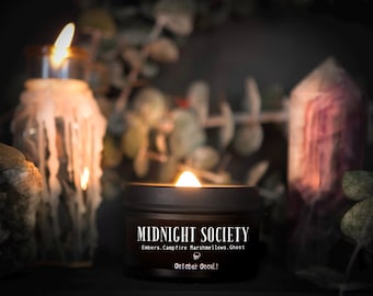 4 Oz. Midnight Society Candle | Spooky Fall Candles | Wood Wick Candle | Soy Candle | Autumn Candle | Smoke & S'mores | Halloween Candle