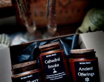 Sacred Incense Collection ~ Frankincense, Myrrh, Nag Champa, Black Cherry Patchouli  | Soy Coconut Wax | Altar Candles | Wood Wicks