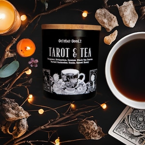 Tarot & Tea Candle | Fall Candle | Spooky Candles | Wood Wick | Soy Candle | Bergamot Incense | Divination | Black Tea Leaves + Honey Candle