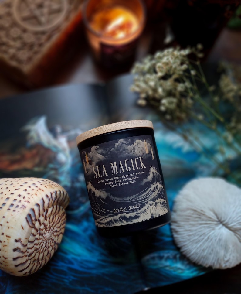 May include: A black candle with a wooden lid, labeled "SEA MAGICK" with ocean-themed imagery. The candle is surrounded by a seashell, a white coral-like object, and dried flowers. The background features a blue and white ocean-themed design.
