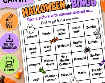 Printable Halloween Bingo, Halloween Party Game, Halloween Costume bingo, Kids Halloween Game, Halloween scavenger hunt