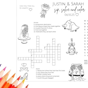 May include: A printable wedding activity sheet with a crossword puzzle, word search, and a "Can you find all 10 hearts?" game. The sheet is decorated with floral illustrations and the couple's names, "Justin & Sarah", and wedding date, "0610.25".