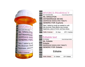 Divorce party pill bottle labels, divorce care package, instant download