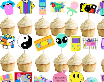 90s cupcake toppers, 90s bachelorette, 90s birthday party decorations
