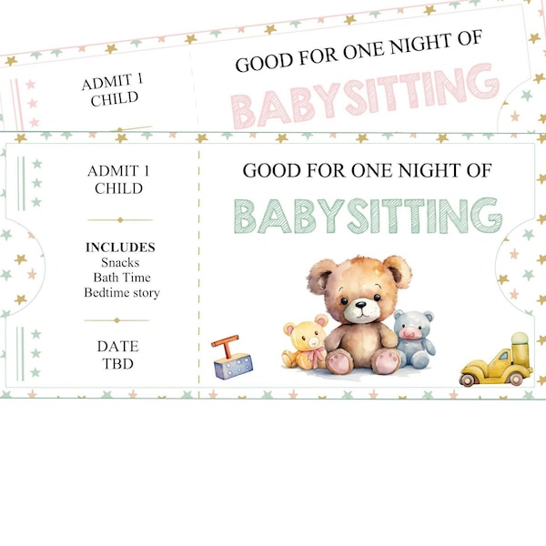 Babysitting voucher, babysitting coupon, printable gift voucher for new mom gift basket