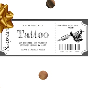 Editable tattoo voucher, minimal look, dark gray boarder, white ticket voucher, tattoo gun clip art on right side with fake barcode underneath tattoo gun.