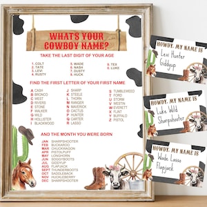 Jogo de chá de bebê de cowboy, Qual é o seu nome de cowboy, crachá de cowboy