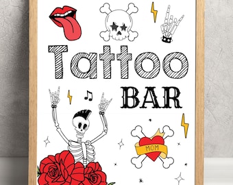 Bad two the bone temporary tattoo bar sign, tattoo station, Ready two rock, Born two rock birthday party activity