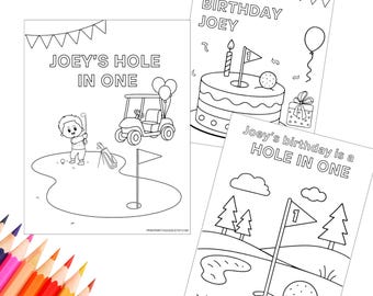 Hole in one first birthday golf coloring pages, 1st golf birthday coloring sheets, golf birthday activity, First par tee