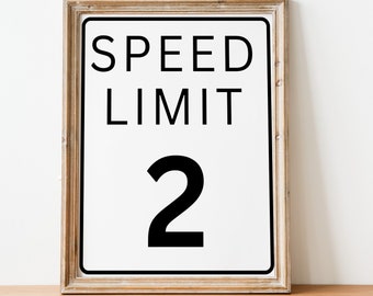 Puede incluir: Una señal de límite de velocidad blanca y negra con un marco de madera. La señal dice "SPEED LIMIT 2".