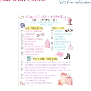 Girly Mall scavenger hunt list, Pastel pink and blue text, clip art includes: Polaroid cameras, sunglasses, fashion accessories, mall clothing, and mall shopping bags.