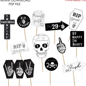 Funeral for twenties, r.i.p 20s tombstone art work, 30th birthday goth skeleton clip art Photo Booth props, printable file.