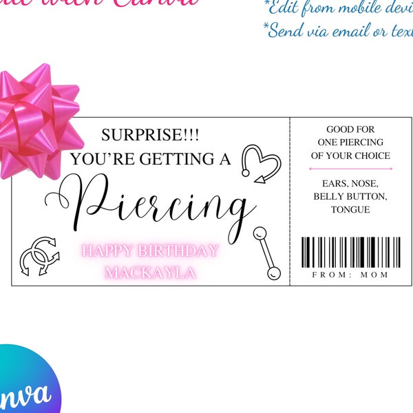 Piercing Voucher, gift voucher, editable ticket, Piercing gift card