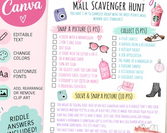 Mall scavenger hunt editable game Riddle scavenger hunt teens Mall birthday party