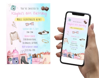 Mall scavenger hunt invitation editable game Riddle scavenger hunt teens Mall birthday party