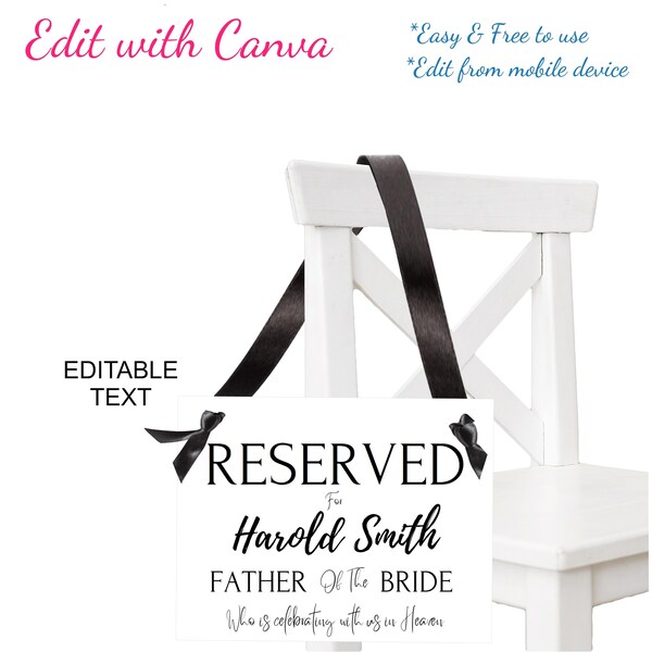 Wedding Heaven sign Reserved seat, Wedding chair tag, Wedding memorial